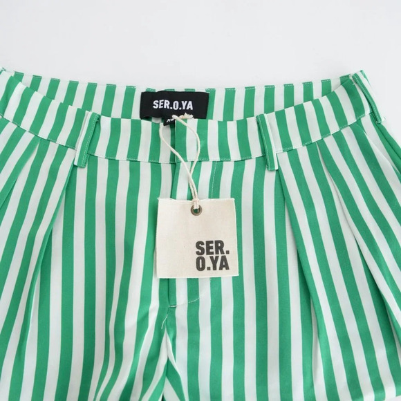 SER.O.YA Wren Wide Leg Short Kelly Green & White Stripe Silk Shorts XS NWT - Picture 5 of 7